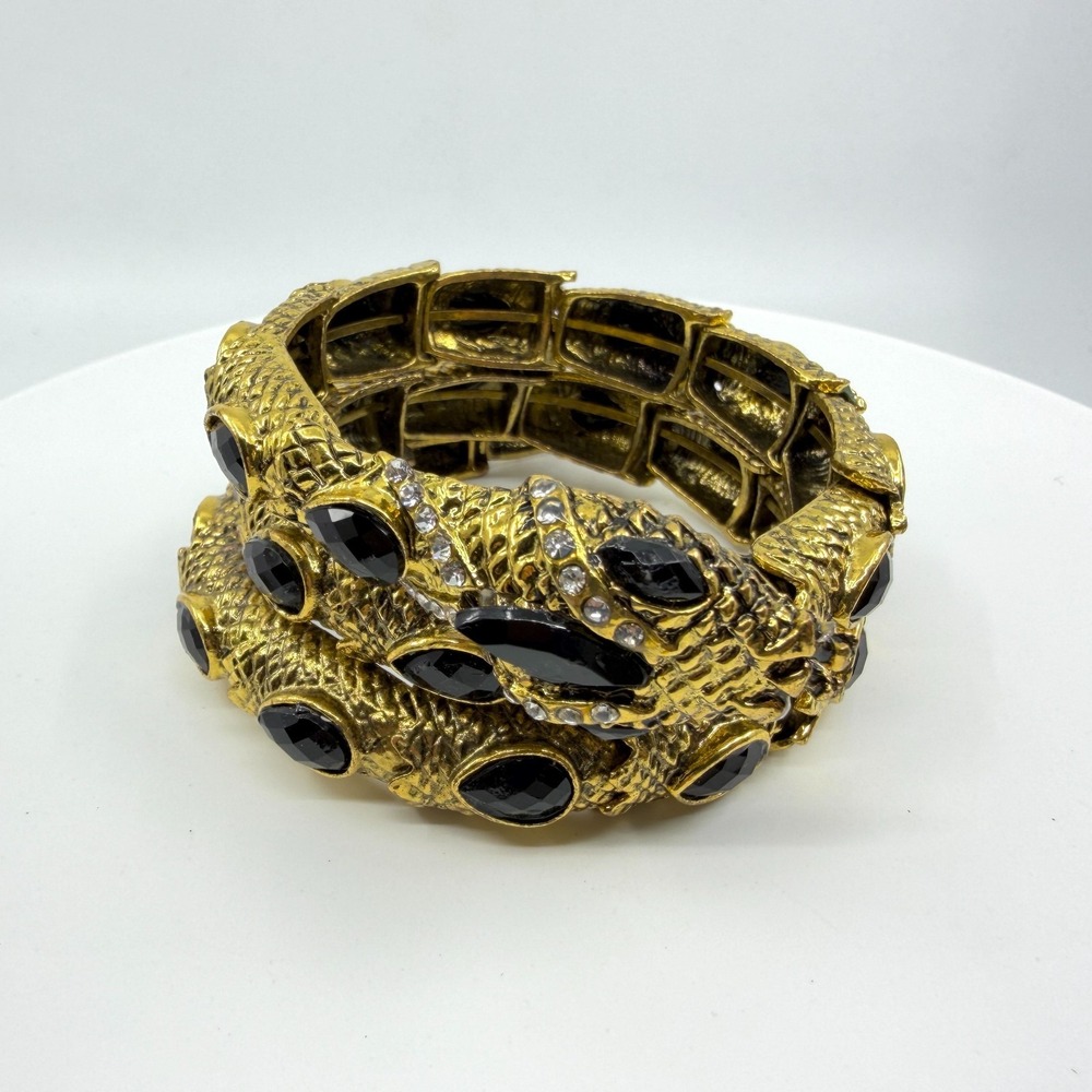 Gold Tone Black Rhinestone Snake Coil Bracelet Statement Gothic Chunky Jewelry